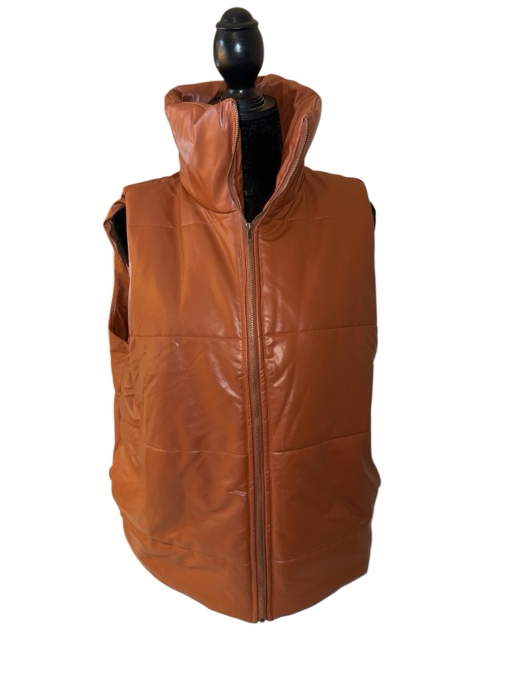 Woman's Leather Like Puffer Vest - Rust Brown